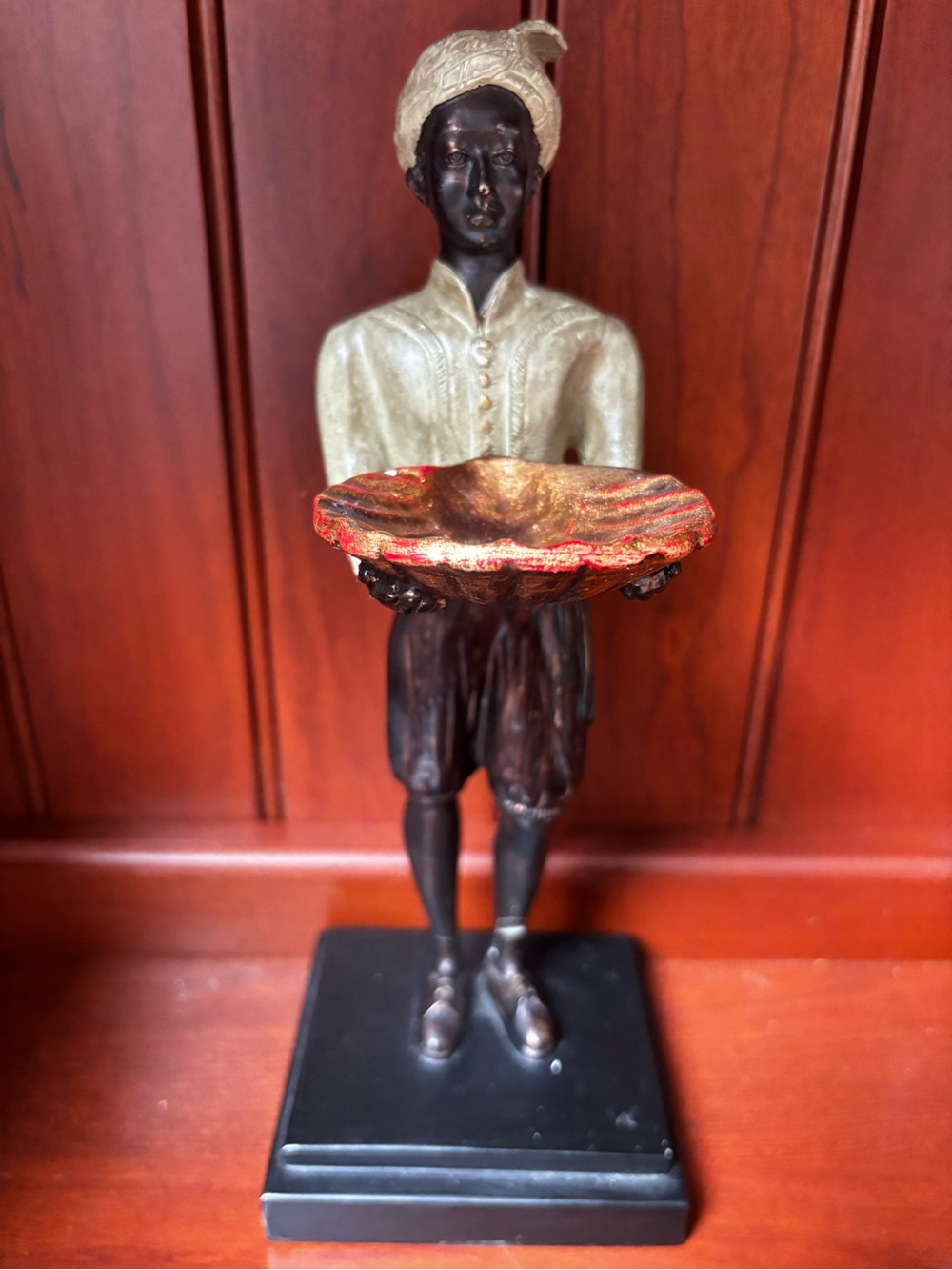 Hand painted Blackamoor servant style figurine holding large clam shell antique